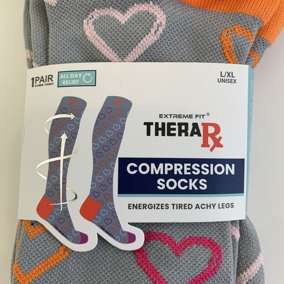 Extreme Fit Rx Compression Socks New L / XL Knee High Grey Pink Hearts - Picture 2 of 4